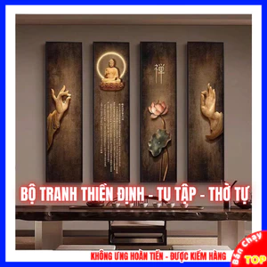 Tranh Phật Giáo Hoa Sen Bộ Bốn Bức Treo Phòng Khách, Decor Phòng Thiền, Tu Tập - Tranh Tứ Quý Treo Phòng Thờ Cao Cấp