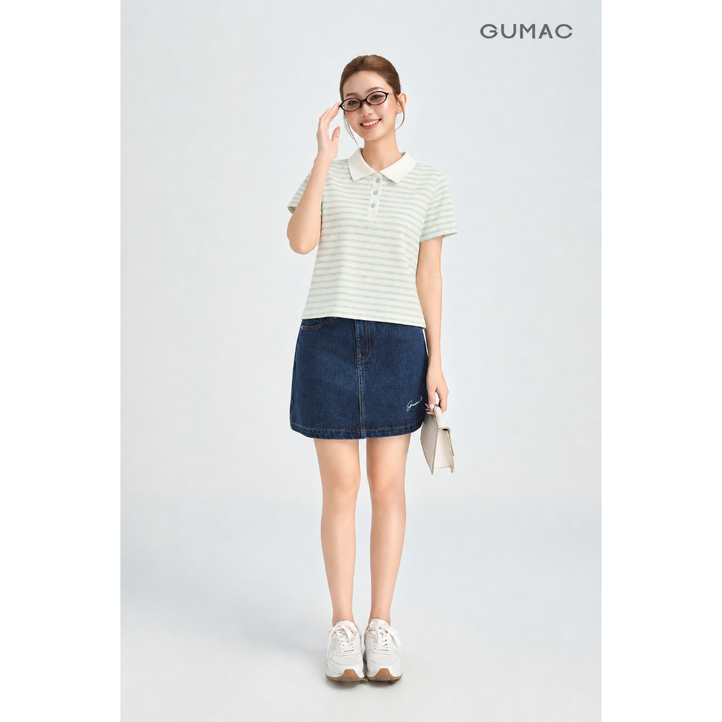 Áo Polo Nữ GMORNING Form Suông Chất Thun Gân Sọc Mát Phối Lá Cổ Nhọn Tay Ngắn Cài Nút Cùng Màu Trẻ Trung YAPG07024