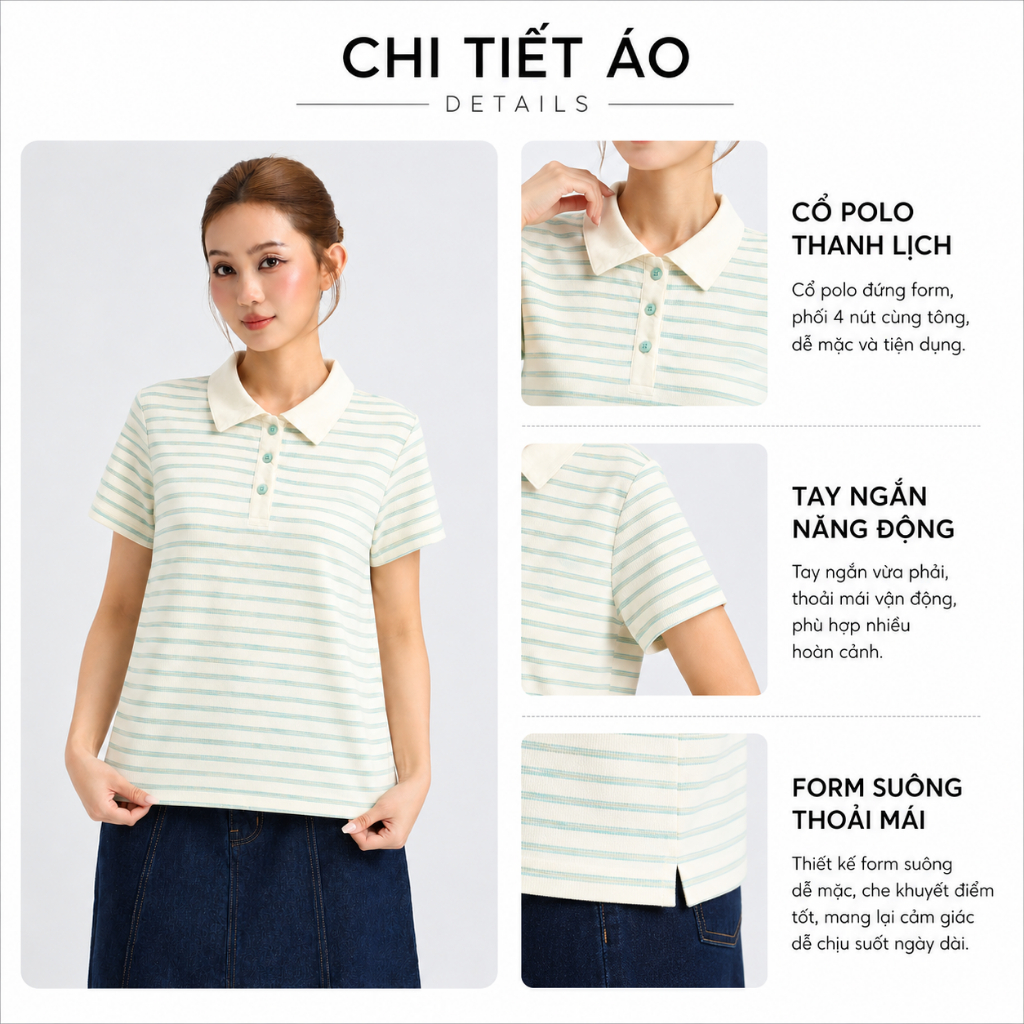Áo Polo Nữ GMORNING Form Suông Chất Thun Gân Sọc Mát Phối Lá Cổ Nhọn Tay Ngắn Cài Nút Cùng Màu Trẻ Trung YAPG07024