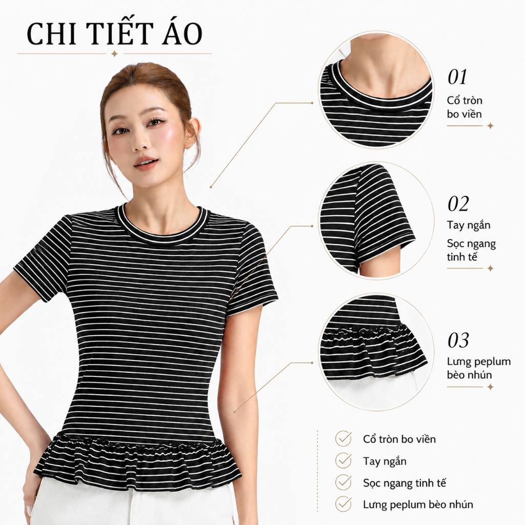 Áo Thun Nữ Tay Ngắn GUMAC Form Ôm Vừa Vặn Cổ Tròn Lai Bèo 2 Tầng Chất Sọc Mịn Mềm Mát Trẻ Trung LATG06043