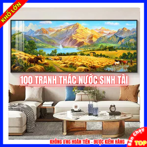 Tranh Thác Nước Sinh Tài Phong Cảnh Sơn Thủy Hữu Tình - Tranh Thuỷ Mặc Size Lớn Decor Phòng Khách Tráng Gương Cao Cấp