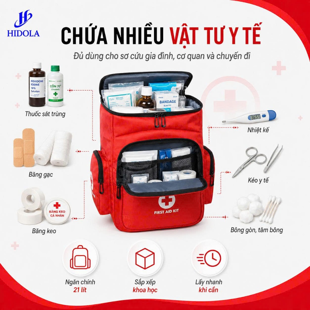 Balo Y Tế Cứu Thương HIDOLA Balo Đựng Thuốc Cứu Thương Tiện Lợi Dung Tích Lớn 21 LÍT, 9139