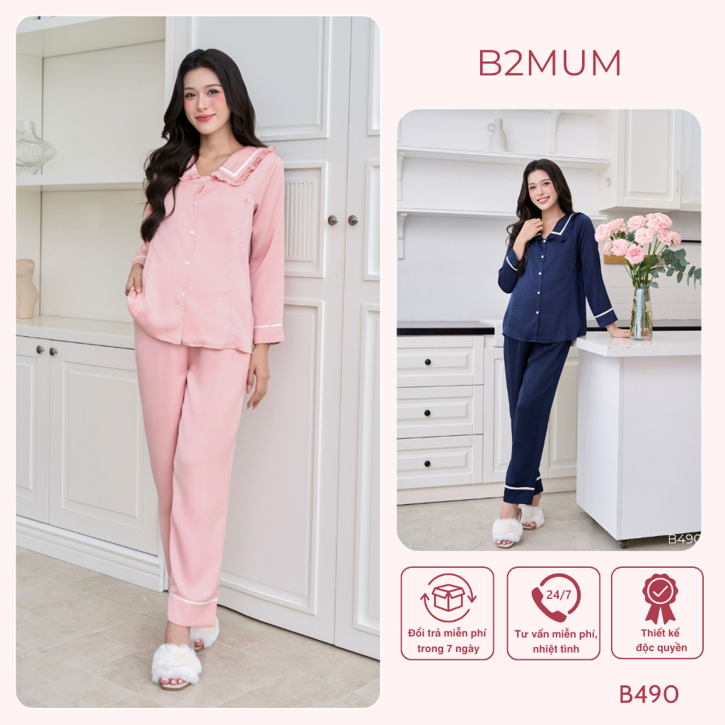 Bộ bầu thiết kế cho mẹ và sau sinh mặc hè, chất lụa ngọc trai mềm mại thoáng mát, áo cổ bèo duyên dáng - B490 B2MUM