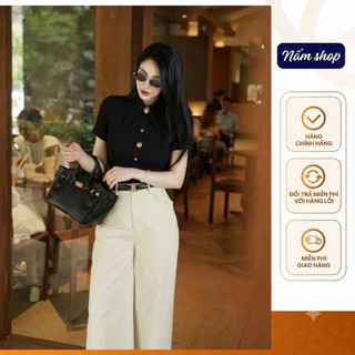 Áo Thun Nữ Cổ Bẻ Bản To Đính Cúc Đồng Sang Trọng - Áo Kiểu Thun Tăm Cổ Nhọn Retro Co Giãn Tôn Dáng Công Sở A1506