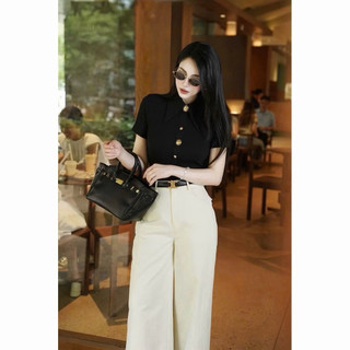 Áo Thun Nữ Cổ Bẻ Bản To Đính Cúc Đồng Sang Trọng - Áo Kiểu Thun Tăm Cổ Nhọn Retro Co Giãn Tôn Dáng Công Sở A1506
