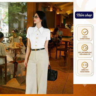 Áo Thun Nữ Cổ Bẻ Bản To Đính Cúc Đồng Sang Trọng - Áo Kiểu Thun Tăm Cổ Nhọn Retro Co Giãn Tôn Dáng Công Sở A1506