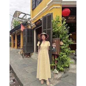 𝗛𝗶𝗺 - Đầm Linen cúc bọc thắt eo sau