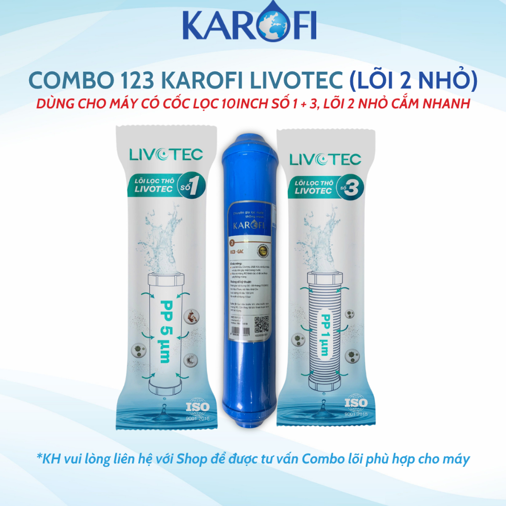 Bộ 3 Lõi Lọc Nước Karofi 123 Với Lõi Số 2 OCB Nhỏ cắm nhanh dùng cho các 1 số model máy Karofi B930, N-E239, H8RO