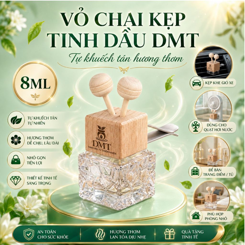 Vỏ Chai Treo Kẹp Đựng Tinh Dầu 8ml Treo kẹp xe, Treo Tủ Quần Áo, để bàn decor - Khử Mùi, Thơm Phòng.