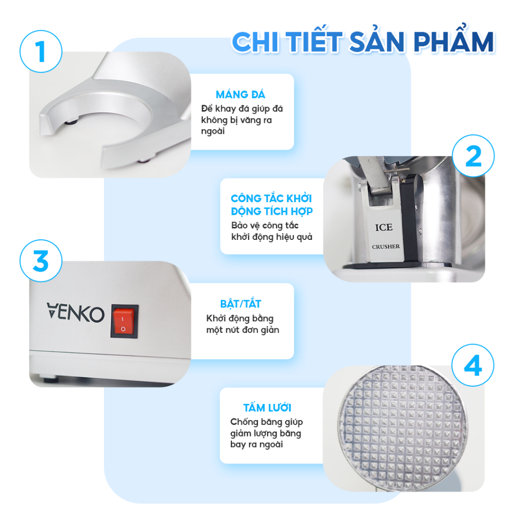 [Mẫu Mới 2026] Máy Bào Đá 2 Lưỡi Dao Venko VK-IC500 Công Suất Lớn 550W, Bào Đá Công nghiệp, Xay Đá Làm Sinh Tố Máy bào