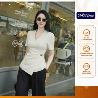 Áo Kiểu Công Sở Nữ Cổ V Tà Chéo Đính Cúc Đồng dáng peplum A606