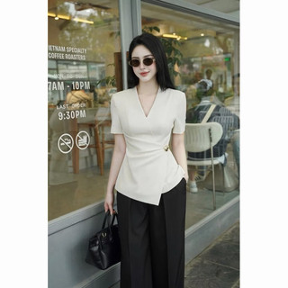 Áo Kiểu Công Sở Nữ Cổ V Tà Chéo Đính Cúc Đồng dáng peplum A606
