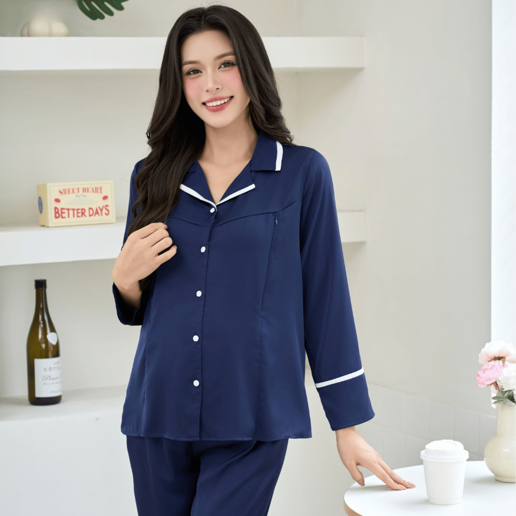 [BỘ LỤA DÀI] Bộ bầu và sau sinh lụa latin cao cấp quần có chun chỉnh áo có khóa bé ti - B381 B2MUM