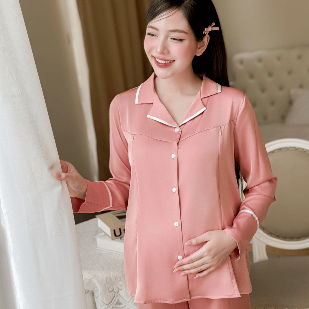 [BỘ LỤA DÀI] Bộ bầu và sau sinh lụa latin cao cấp quần có chun chỉnh áo có khóa bé ti - B381 B2MUM