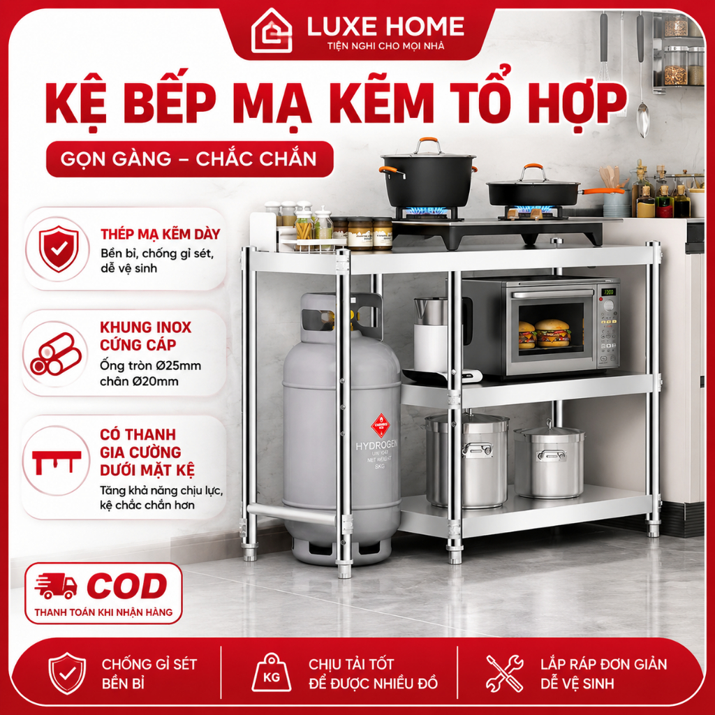 LUXE Kệ để bếp gas mạ kẽm 3 tầng 80/100/120cm Chiều dài