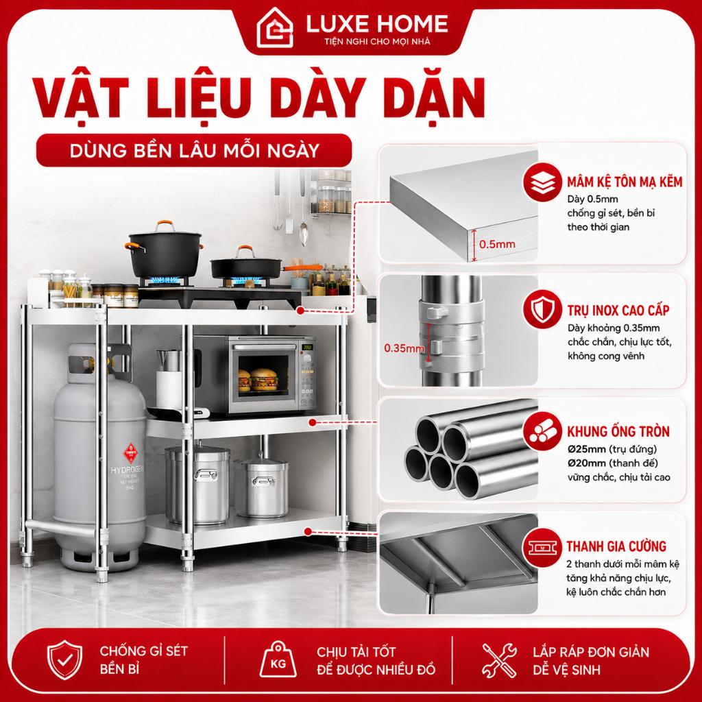 LUXE Kệ để bếp gas mạ kẽm 3 tầng 80/100/120cm Chiều dài