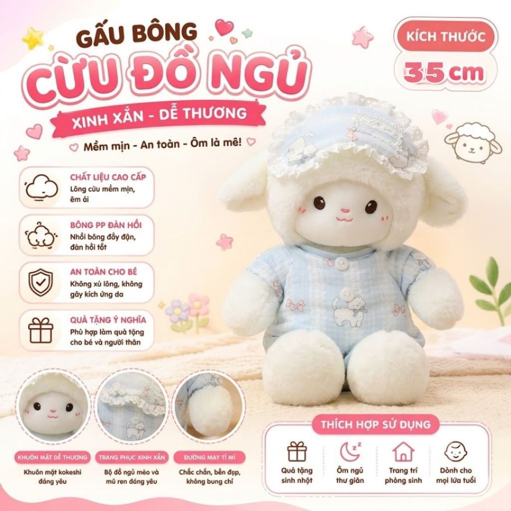 Gấu bông cừu mặc áo ngủ dễ thương, Thú nhồi bông con cừu lông tơ non cao cấp làm gấu ôm ngủ cho bé, bạn gái
