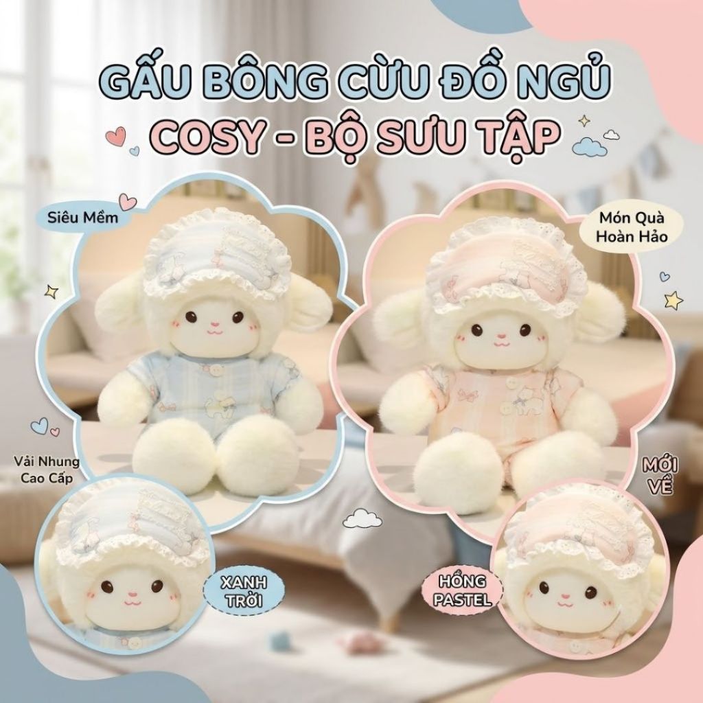 Gấu bông cừu mặc áo ngủ dễ thương, Thú nhồi bông con cừu lông tơ non cao cấp làm gấu ôm ngủ cho bé, bạn gái