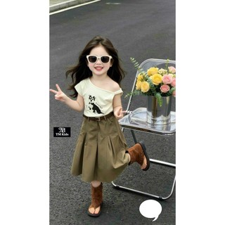 <TẶNG ĐAI> Đồ bộ bé gái, Set đồ bé gai, Áo thun lệch vai cotton mix chân váy kaki dài Hàn Quốc 10-35kg Candy Kids