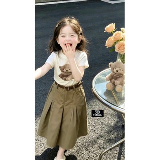 <TẶNG ĐAI> Đồ bộ bé gái, Set đồ bé gai, Áo thun lệch vai cotton mix chân váy kaki dài Hàn Quốc 10-35kg Candy Kids