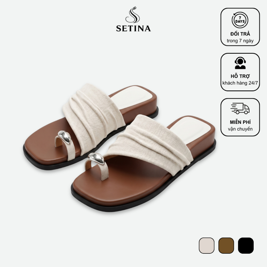 Dép Xỏ Ngón Nữ Đế Bằng 3cm SETINA Quai Xếp Li Vải Nhún Khóa Ngón Mũi Vuông Sandal Cao Gót Mùa Hè Khóa Kim Loại DXN88