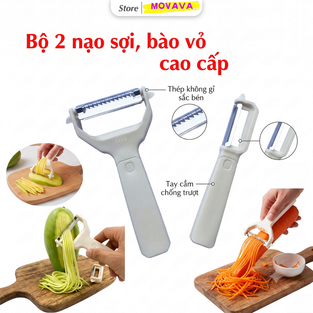 Nạo sợi rau củ quả tay cầm chắc chắn - Bào vỏ đa năng, thép không gỉ siêu sắc bén - Movava