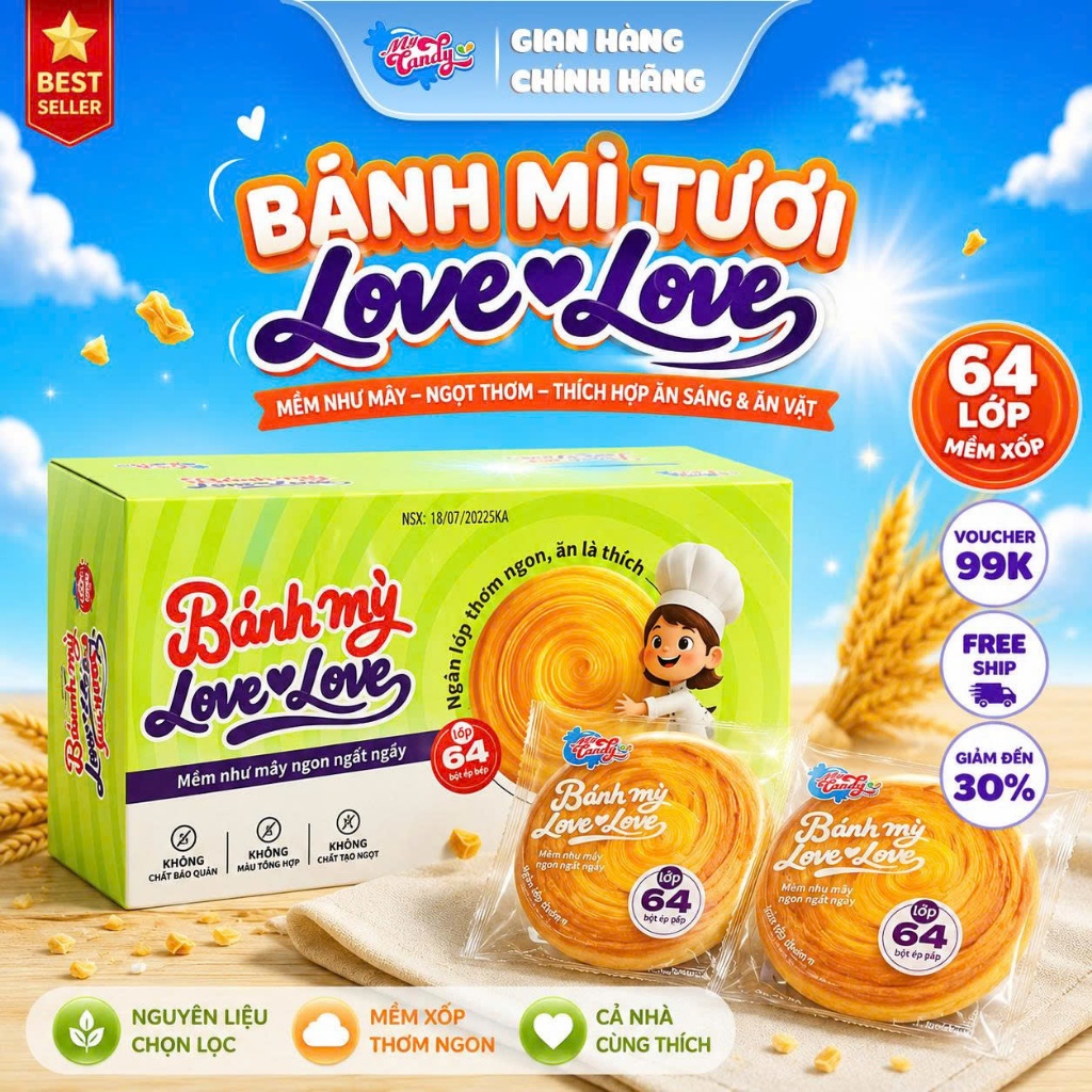 Bánh mì tươi 64 lớp cuộn My Candy ngọt thơm, thích hợp ăn nhẹ