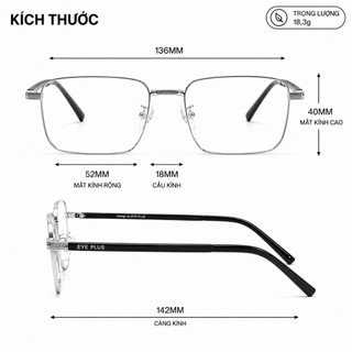 Gọng Kính Cận Nam Nữ Chống Gãy Dáng Vuông  Eye Plus 5166 Gọng Kim Loại Bạc Càng Kính Nhựa Dẻo