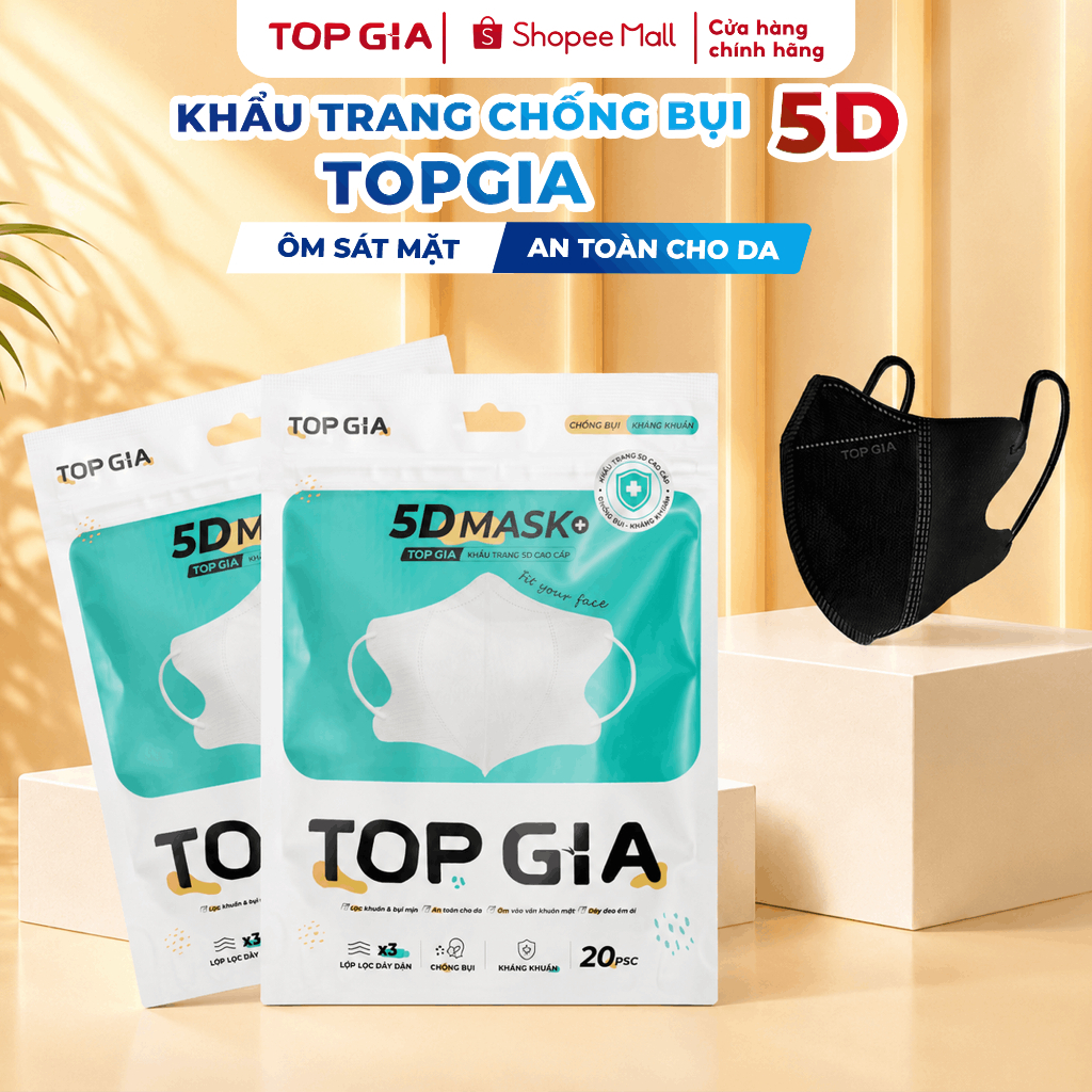 [QUÀ TẶNG] Khẩu trang 5D cải tiến TopGia an toàn, thoáng khí, ngăn bụi mịn, 3 lớp vải không dệt cao cấp màu đen