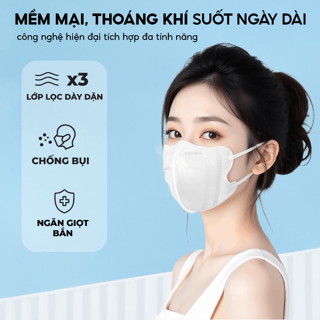 [QUÀ TẶNG] Khẩu trang 5D cải tiến TopGia an toàn, thoáng khí, ngăn bụi mịn, 3 lớp vải không dệt cao cấp màu đen