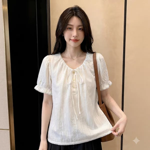 Áo Babydoll Kiểu Nữ Tay Phồng Cổ Bèo Phối Nơ Xinh Xắn Form Suông Thanh Lịch Phong Cách Hàn Quốc Kimee - KA938