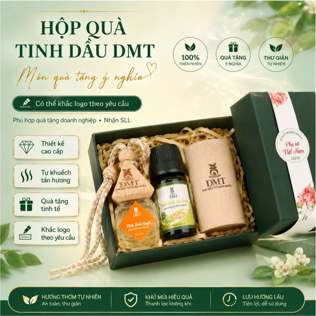 Quà tặng tri ân khách hàng, quà tặng vinh danh - 1 chai tinh dầu treo, 1 chai 10ml, 1 khuếch tán gỗ