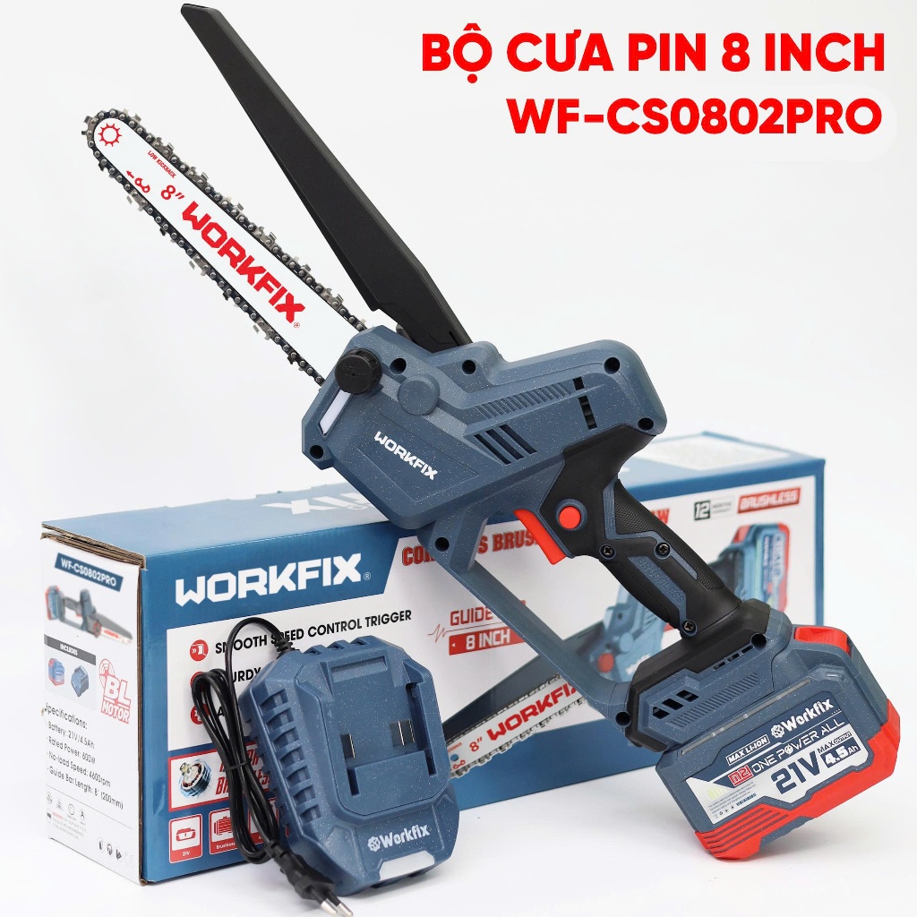 [NÂNG CÁP] Máy Cưa Xích 8inch WORKFIX WF-CS0802PRO Cồng Suất 600W, Pin 15CELL - Máy cưa xích dùng pin