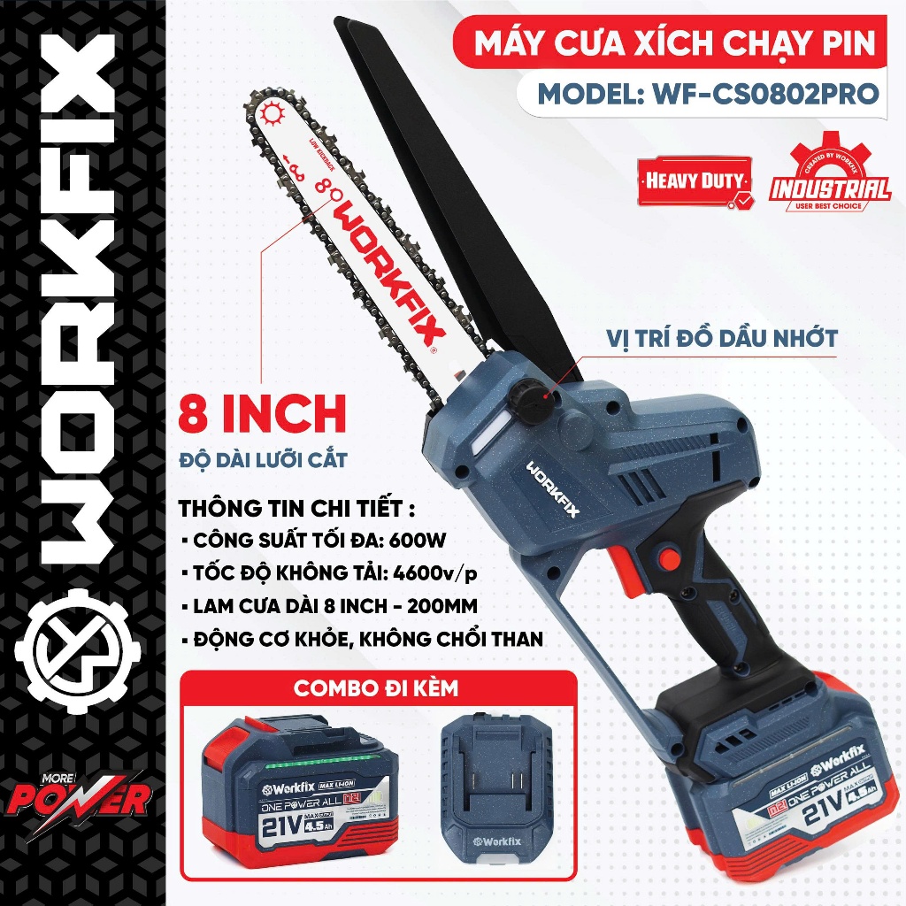 [NÂNG CÁP] Máy Cưa Xích 8inch WORKFIX WF-CS0802PRO Cồng Suất 600W, Pin 15CELL - Máy cưa xích dùng pin