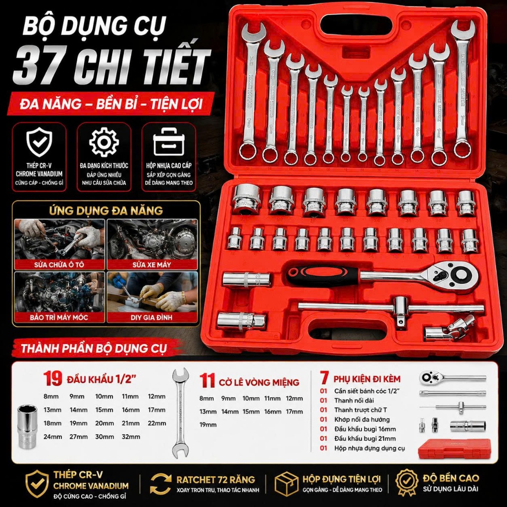 Bộ Dụng Cụ Sửa Chữa Đa Năng 37 Chi Tiết Thép Chrome Vanadium Cr-V – Bộ Khẩu 1/2", Cờ Lê Vòng Miệng, Cần Siết Bánh Cóc