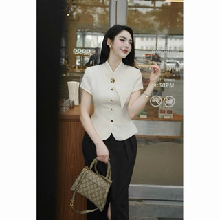 Áo Kiểu Công Sở Nữ Cổ Nơ Dáng Peplum Sang Trọng - Áo Vest Cộc Tay Chiết Eo Đính Cúc Đồng Cao Cấp A706