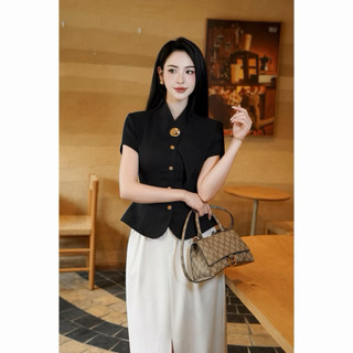 Áo Kiểu Công Sở Nữ Cổ Nơ Dáng Peplum Sang Trọng - Áo Vest Cộc Tay Chiết Eo Đính Cúc Đồng Cao Cấp A706