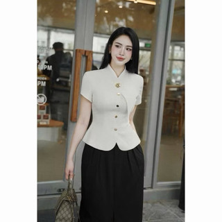 Áo Kiểu Công Sở Nữ Cổ Nơ Dáng Peplum Sang Trọng - Áo Vest Cộc Tay Chiết Eo Đính Cúc Đồng Cao Cấp A706