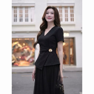 Áo Kiểu Công Sở Nữ Cổ Nơ Dáng Peplum Sang Trọng - Áo Vest Cộc Tay Chiết Eo Đính Cúc Đồng Cao Cấp A706
