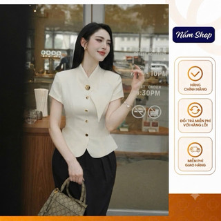 Áo Kiểu Công Sở Nữ Cổ Nơ Dáng Peplum Sang Trọng - Áo Vest Cộc Tay Chiết Eo Đính Cúc Đồng Cao Cấp A706
