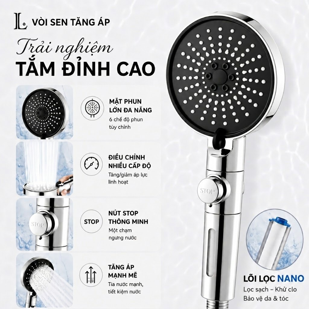 Vòi sen tăng áp LUX 6 chế độ, tay sen lọc khử clo, bát sen lớn 12.5cm, nút ngắt nước