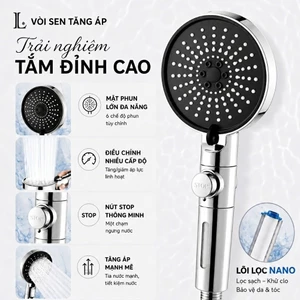 Vòi sen tăng áp LUX 6 chế độ, tay sen lọc khử clo, bát sen lớn 12.5cm, nút ngắt nước