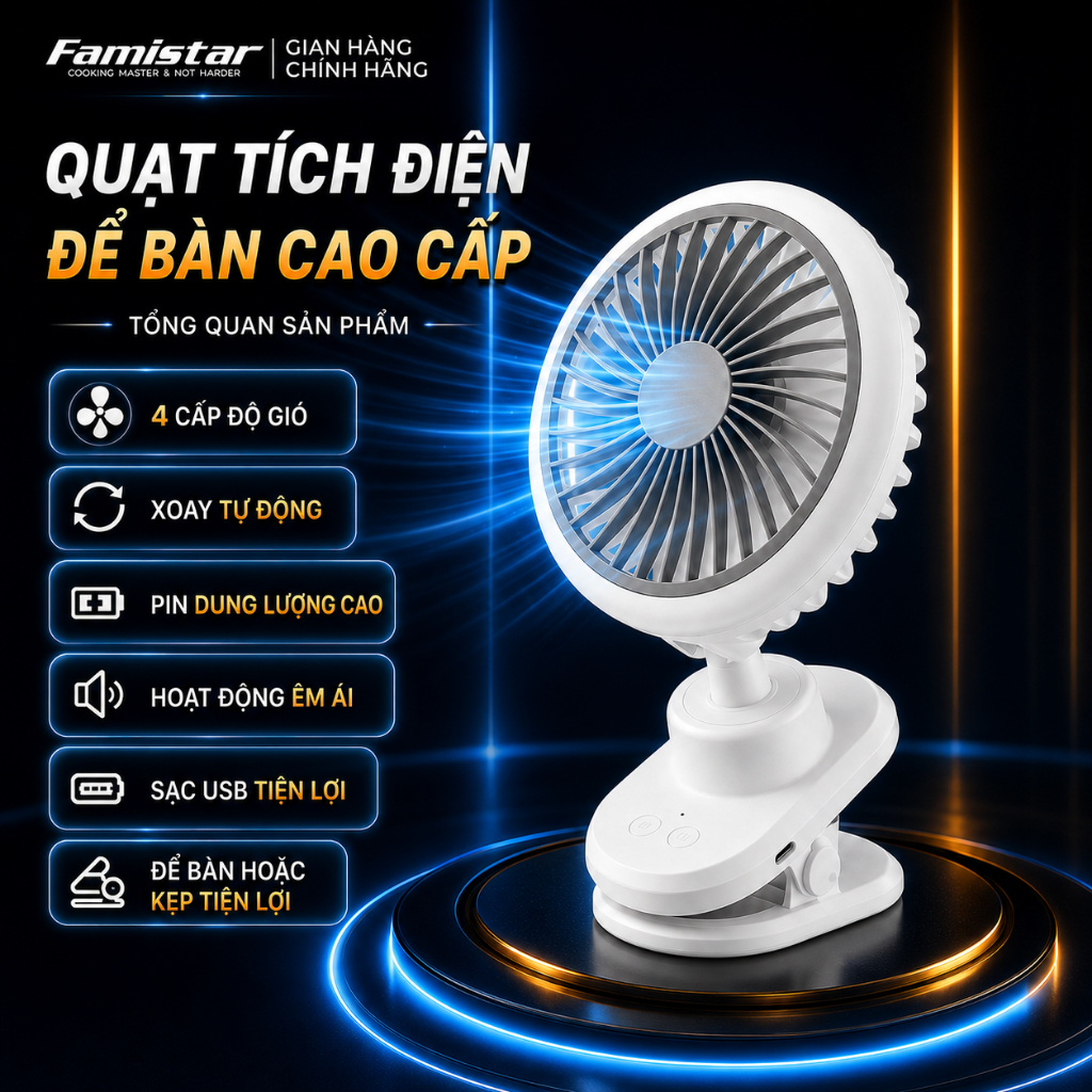 [BH 1 Năm - Xoay+Đèn led] Quạt Tích Điện Kẹp Bàn Êm Chống Ồn, quạt để bàn văn phòng, 6 cấp gió, Pin Thật FAMISTAR