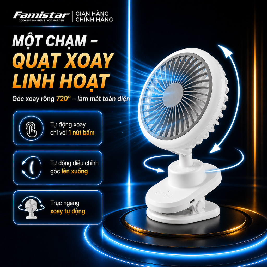 [BH 1 Năm - Xoay+Đèn led] Quạt Tích Điện Kẹp Bàn Êm Chống Ồn, quạt để bàn văn phòng, 6 cấp gió, Pin Thật FAMISTAR