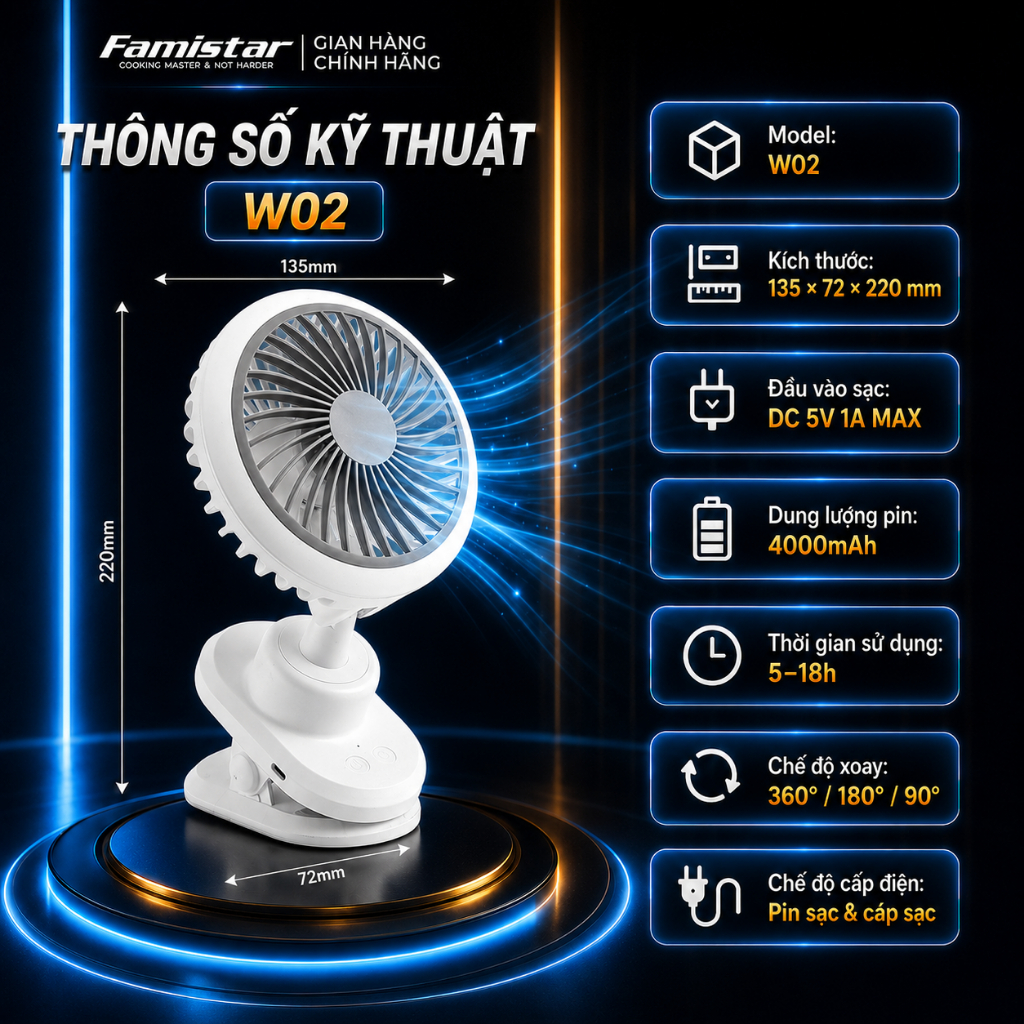 [BH 1 Năm - Xoay+Đèn led] Quạt Tích Điện Kẹp Bàn Êm Chống Ồn, quạt để bàn văn phòng, 6 cấp gió, Pin Thật FAMISTAR