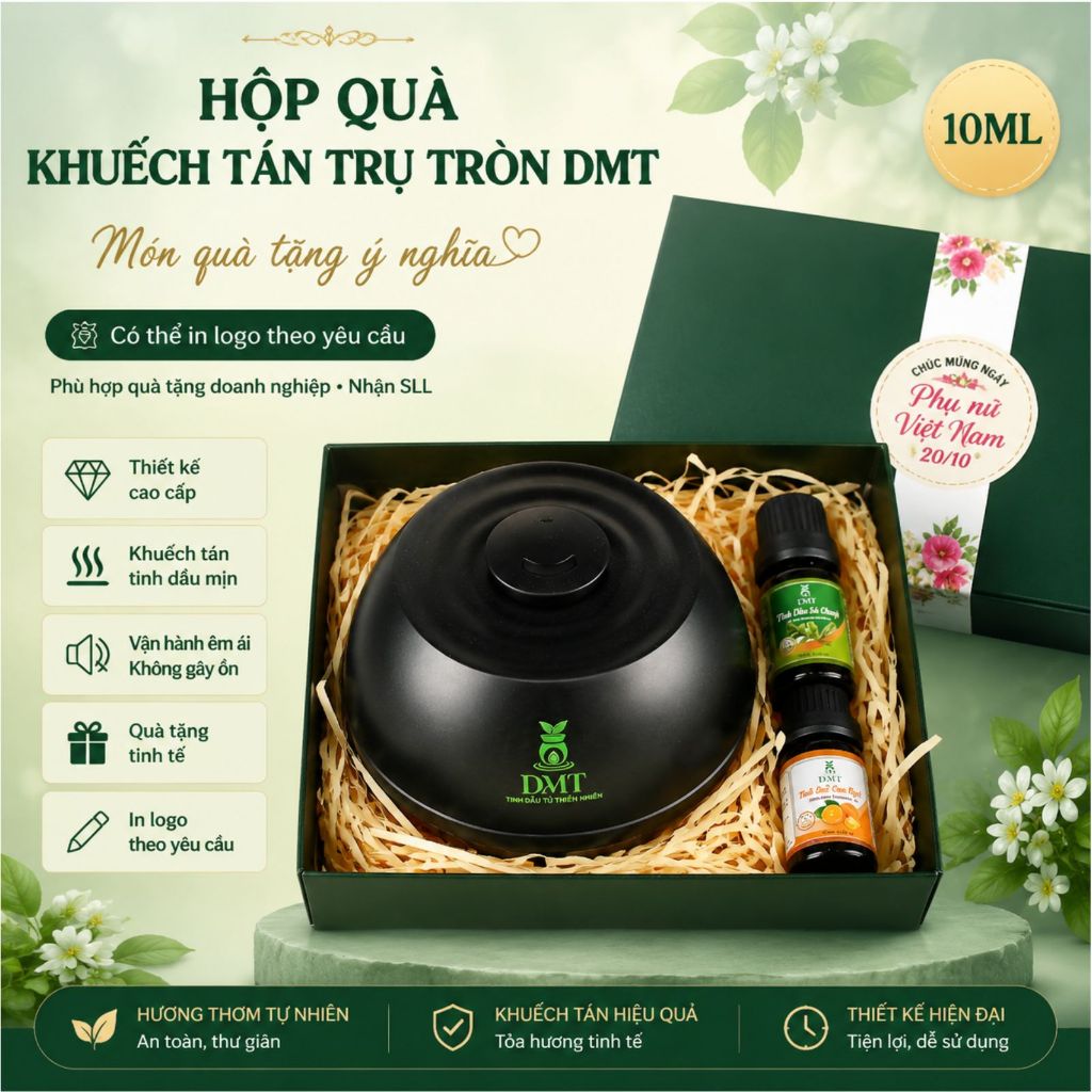 Quà tặng sinh nhật, quà tặng khách hàng, Máy khuếch tán trụ tròn và 2 chai tinh dầu thiên nhiên 10ml