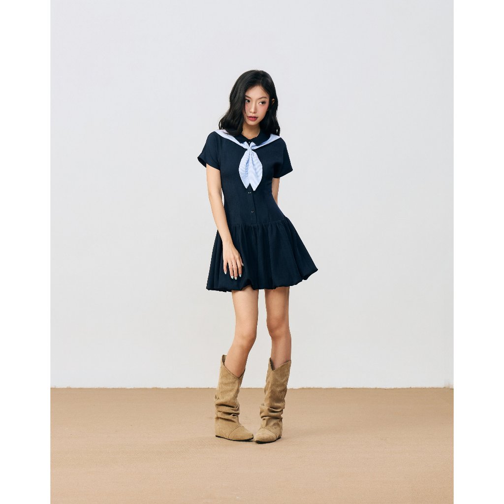 Đầm xòe cổ sơ mi tay ngắn THE C.I.U, váy liền dáng xòe kèm khăn choàng - Wrenna Dress