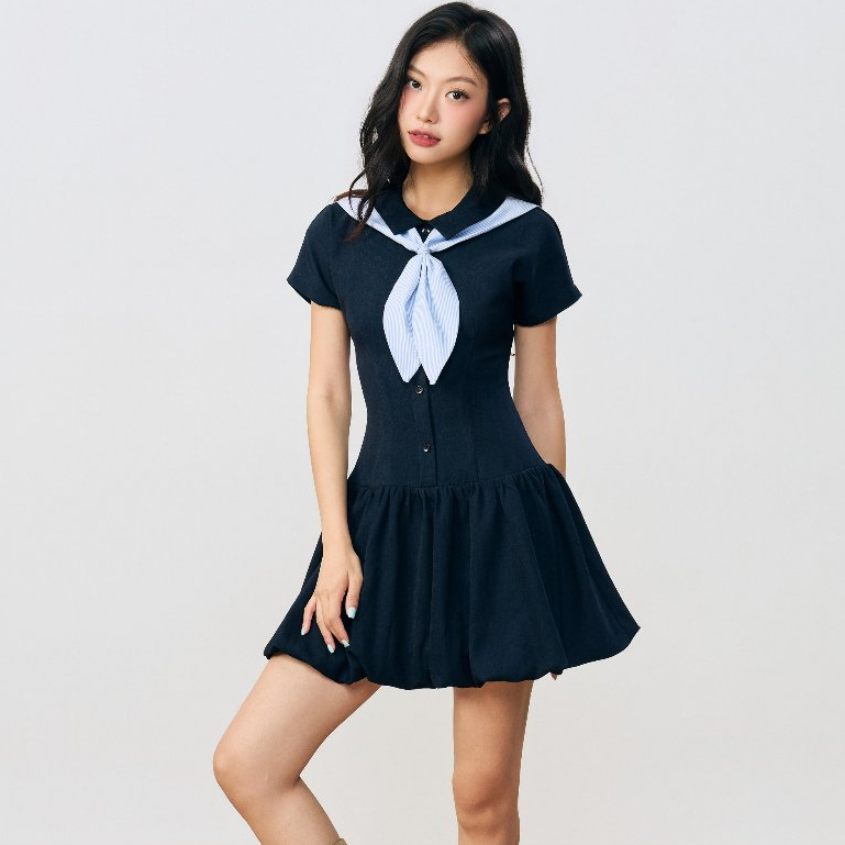 Đầm xòe cổ sơ mi tay ngắn THE C.I.U, váy liền dáng xòe kèm khăn choàng - Wrenna Dress