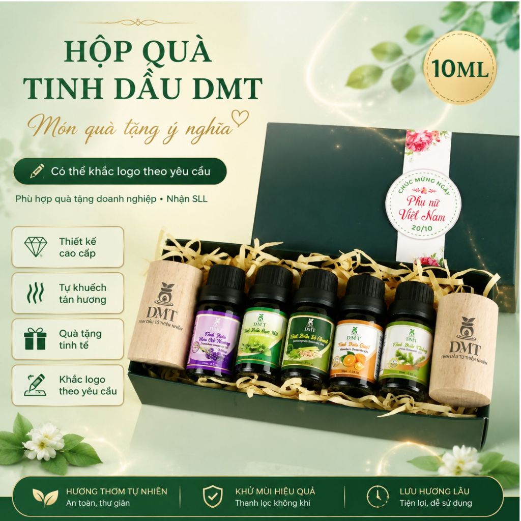 Quà tặng doanh nghiệp, quà tặng sự kiện - hộp 5 chai tinh dầu thiên nhiên 10ml + 2 khuếch tán gỗ