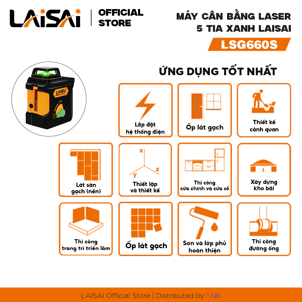 Máy Cân Bằng Laser 5 Tia Xanh Cao Cấp LAISAI LSG660S, pin 2200 mAh - Tia ngang 360°, CHÍNH HÃNG, BẢO HÀNH 12 THÁNG